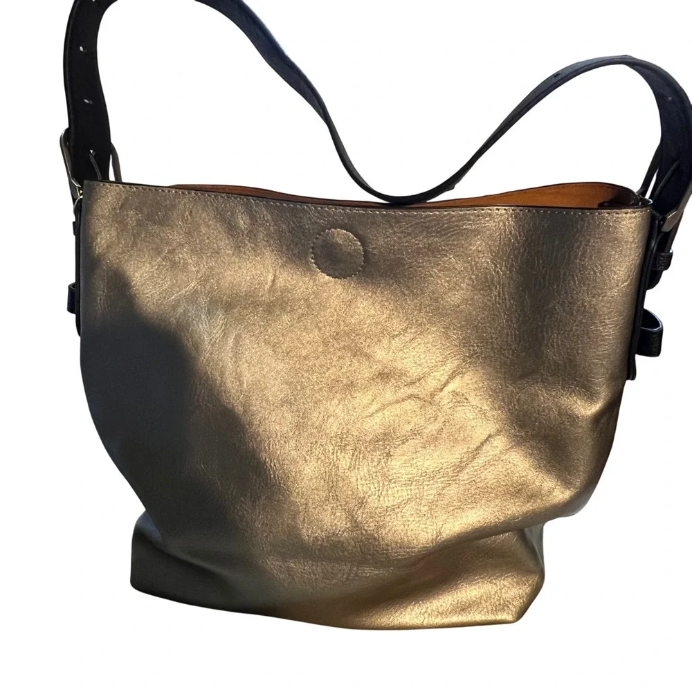 Joy Susan Hobo Bag Metallic Bronze Gold Vegan Leather Buckle Strap NWT